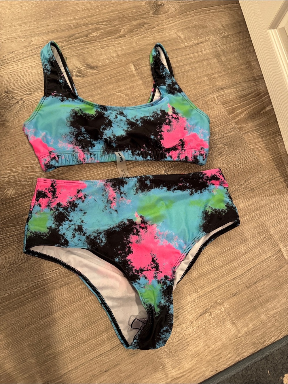 SHEIN Neon Tie-Dye Bikini Set in Blue, Pink & Black
